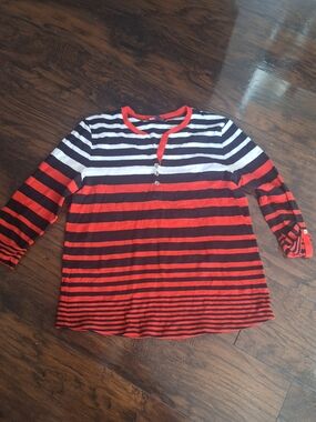 Jones New York Red, Black & White Striped Long-Sleeve Henley Top